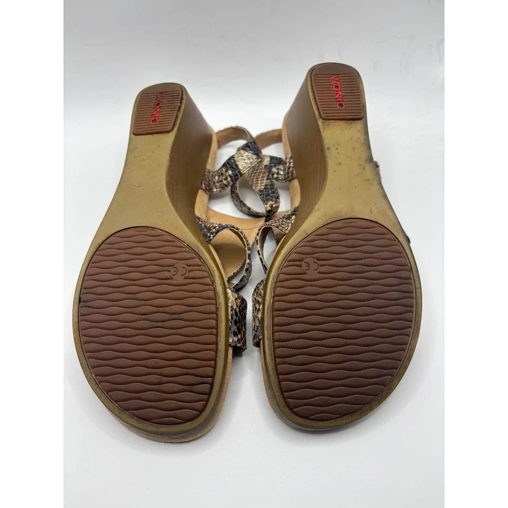Vionic Snakeskin Strappy Wedge Sandals Brown Animal Print Orthotic Womens 9 Wide
